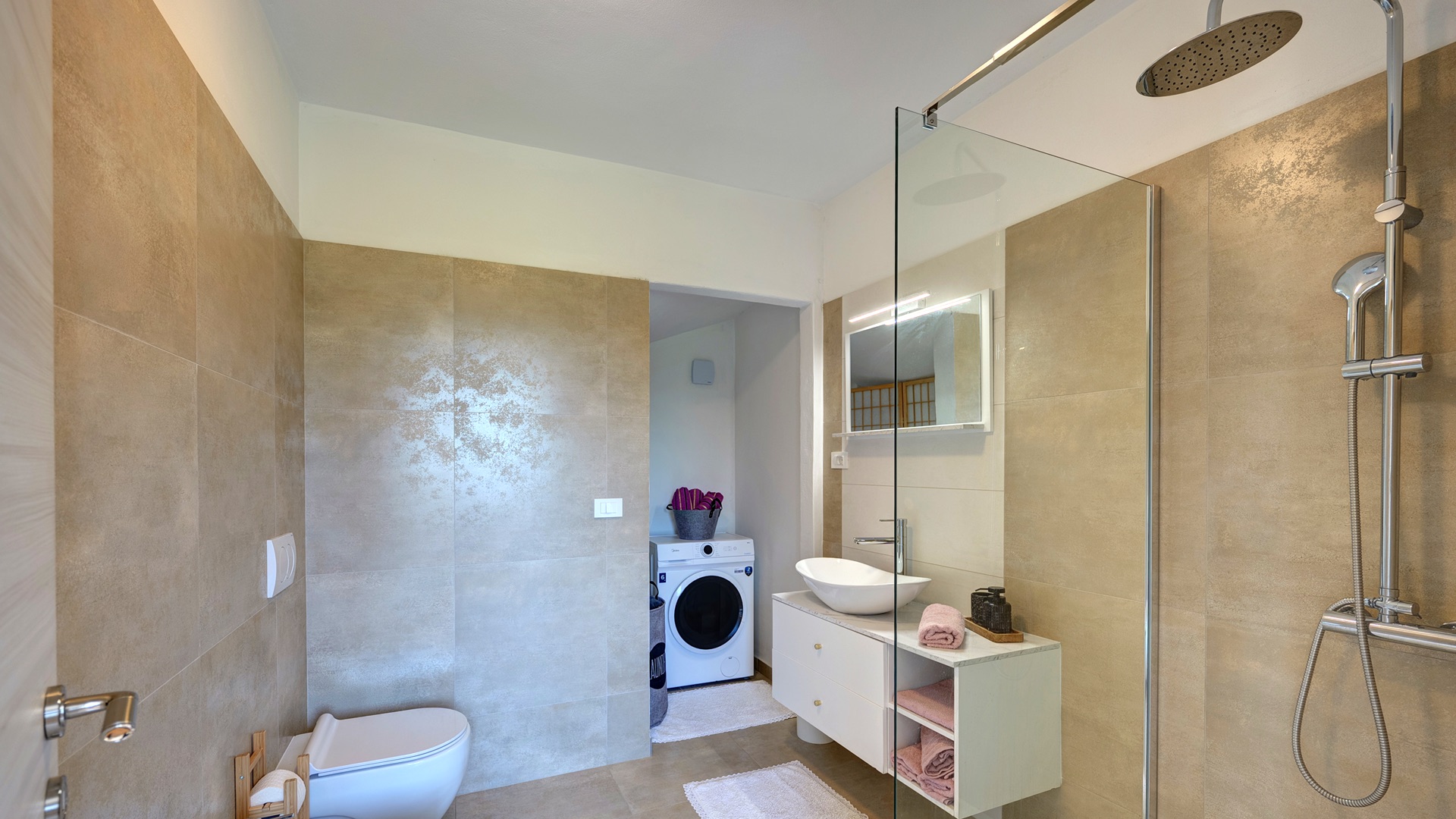 Ground floor bathroom — rain shower & washing machine